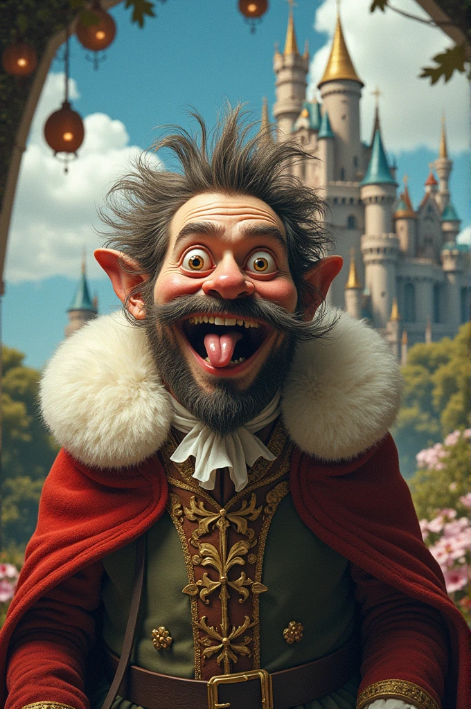 crazy king, crossed eyes, tongue sticking out, castle in the background 