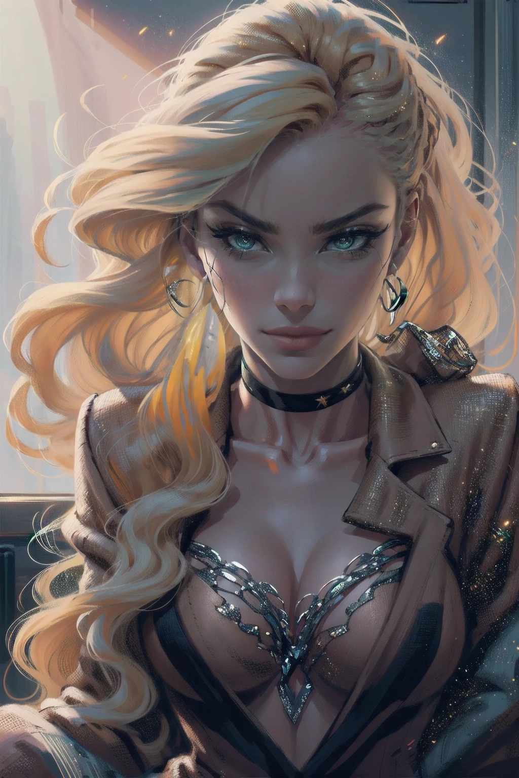(Masterpiece - Ultra-Detailed, High Resolution) woman 40 years old, a woman (johanna constantine), wearing a brown overcoat , very long blond hair, curly hair, (blond hair), (dark blue 1 eyes), black choker . Indifferent look , merciless, dinamic poses, egoist smile, smoking
