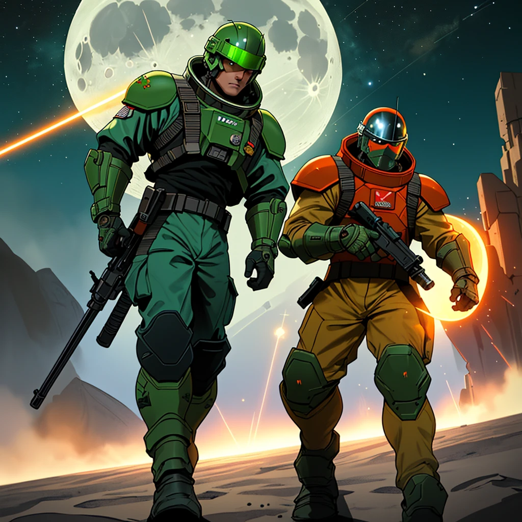 Space soldier, green visor, orange armor, rifle, moon in background, full helmet, laser sword, night,Masterpiece, High Resolution, Anatomically Correct, Best Quality, fighting, firing weapon, battle in background