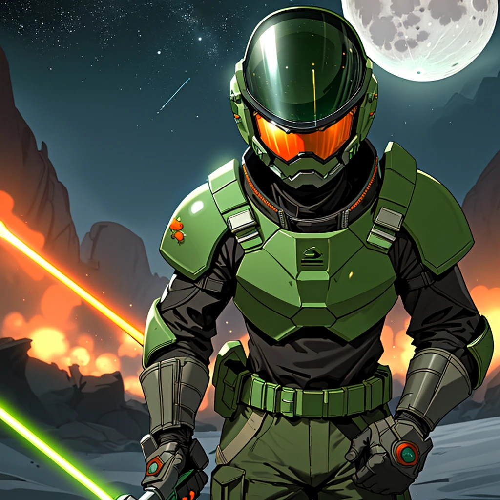 Space soldier, green visor, orange armor, rifle, moon in background, full helmet, laser sword, night,Masterpiece, High Resolution, Anatomically Correct, Best Quality, fighting, firing weapon, battle in background