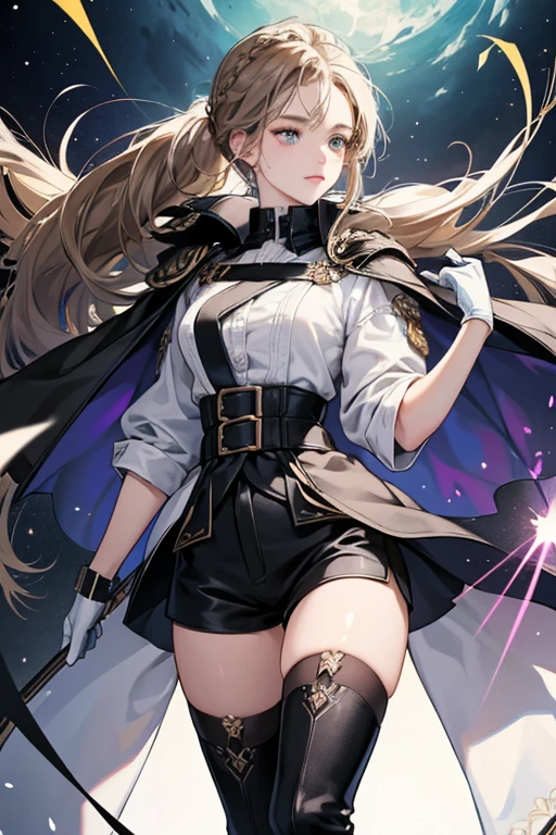 she has bright teal eyes with three dots in his iris and pale skin. sHe has ashy light brown hair reaching below his shoulders, partially pulled back in a braided half ponytail. A gold diamond marking can be found on her neck.
she wears a long white coat with short sleeves and a black hood. Under this, she wears an indigo shirt and a pair of black shorts, embellished thigh-high black boots with silver accents, and long black gloves. sHe wears her Vision right below the collar of his shirt. Her outfit, Newmoon Starlight, is described to be the Knights of Favonius alchemist's uniform.
The diamond marking on her neck is a result of his creation as a synthetic human; as natural life flows outwards form the source, artificial life requires an external source that drips and spreads out in all directions; when the source is sealed, it leaves behind a marking of sorts. SPARKLE; GLITTER