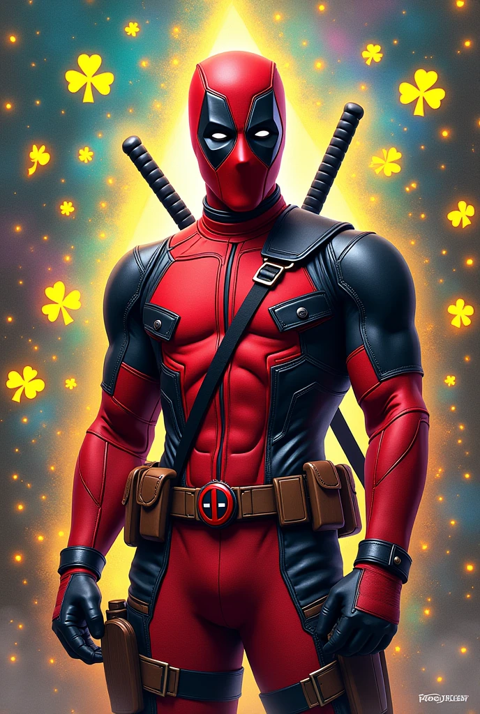 Deadpool with the symbol of lucky Trevor , five star and music symbol. Lucky, star, music .  Deadpool like a gitanos with red clothes. By: Sam Oca