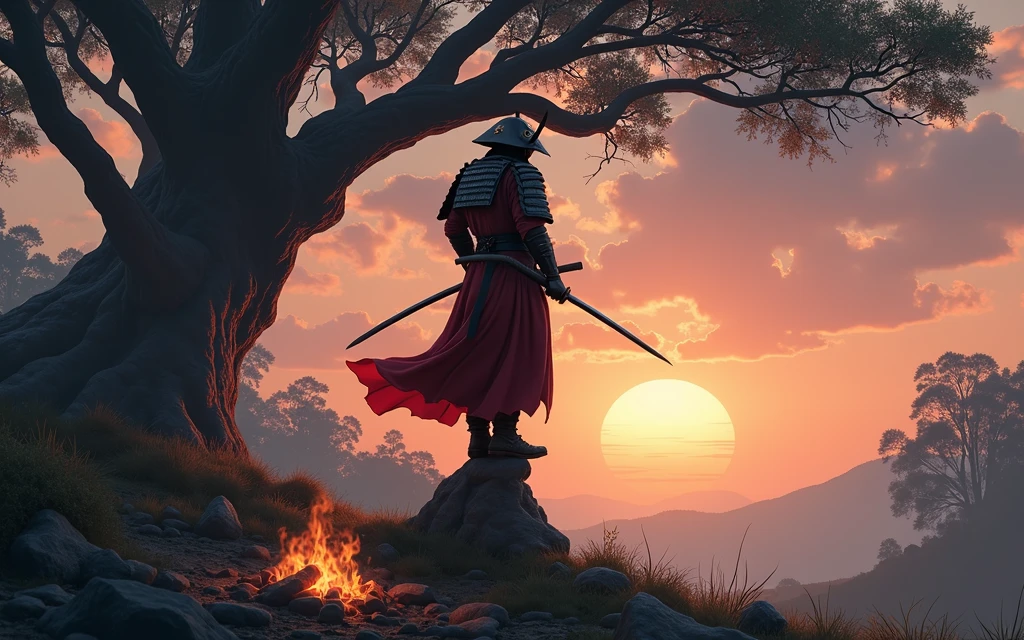 A Samurai on top of your hair, under a tree next to a campfire in the sunset light.