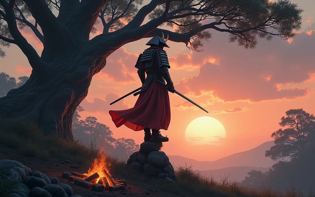 A Samurai on top of your hair, under a tree next to a campfire in the sunset light.