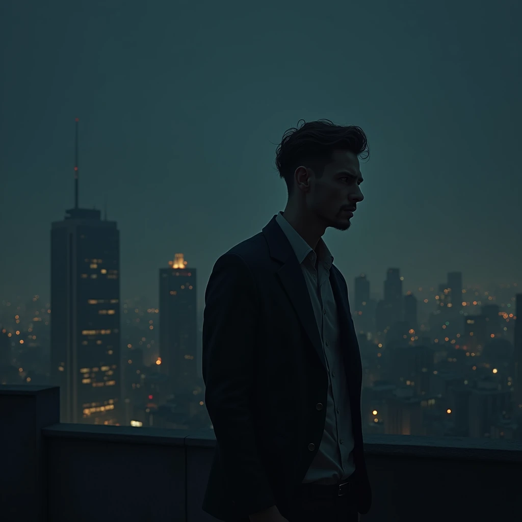 a man in thinking of a woman, sad, night, pokerface, city, terrace, standing