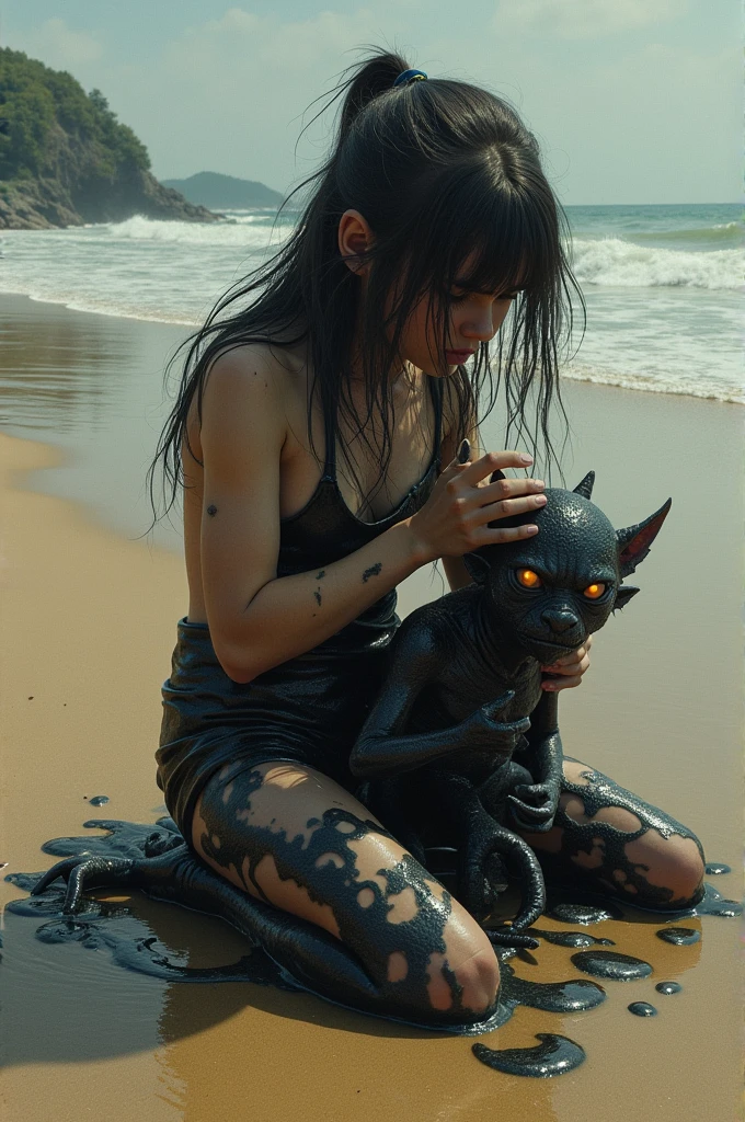 In a sand hole on the beach, a girl covered in black liquid is attacked by an evil little goblin who scratches her.