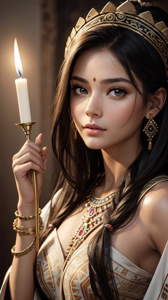 .A detailed and realistic illustration of a woman with both shoulders exposed, leaning slightly forward while holding a candle. Her facial features are distinctly Mayan, with pronounced cheekbones, almond-shaped eyes, and a strong, straight nose. Her long, dark hair flows down her back, framing her face perfectly. She wears a traditional robe with intricate patterns, but the focus is on her face, capturing the beauty and strength of Mayan heritage. The background is a warm, soft gradient that draws attention to her expressive, detailed features. The image should be a masterpiece with every detail meticulously crafted to highlight her Mayan ancestry."