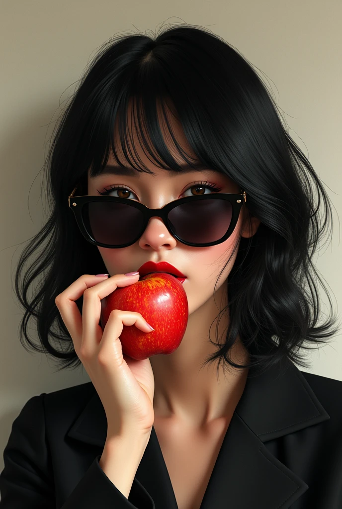 a young woman with black hair and red lipstick biting an apple, wearing sunglasses, black hair, Social realism, Minimalism, Romanticism, Realism, chiaroscuro, UHD, high details, anatomically correct, high quality, highres