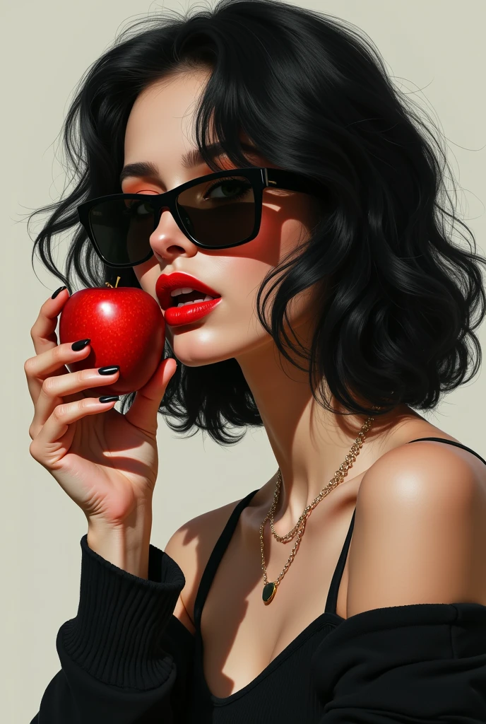 a young woman with black hair and red lipstick biting an apple, wearing sunglasses, black hair, Social realism, Minimalism, Romanticism, Realism, chiaroscuro, UHD, high details, anatomically correct, high quality, highres