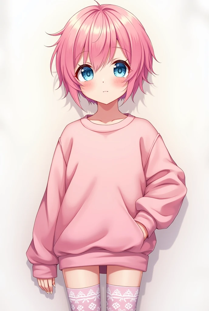 8k, detailed, ART digital , style anime, 1boy, wearing thigh high socks, wearing pink sweatshirt, cute expression, cute thighs, blue eyes, pink hair.