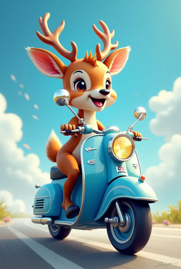 Happy deer on a blue and white motorcycle