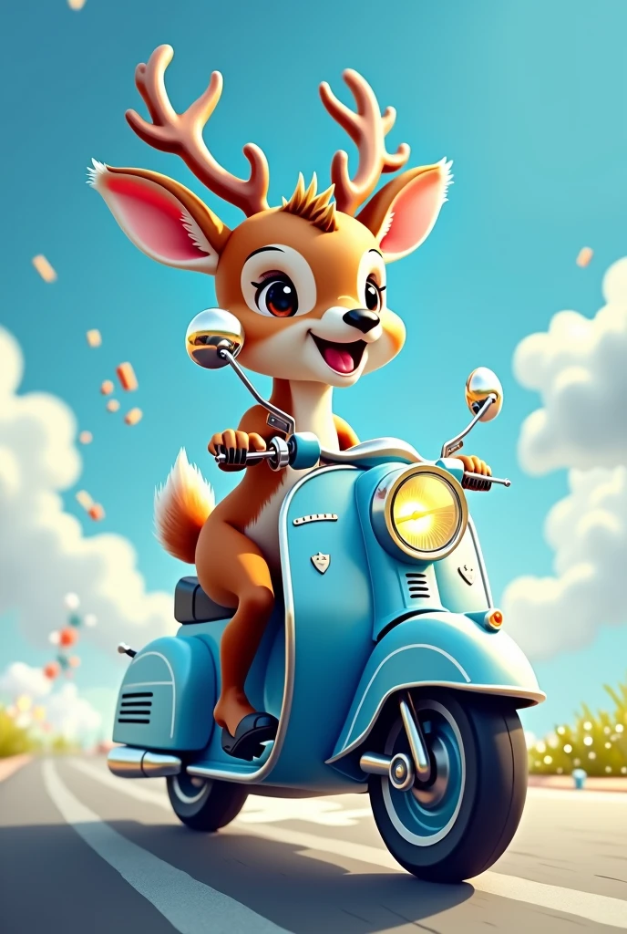 Happy deer on a blue and white motorcycle