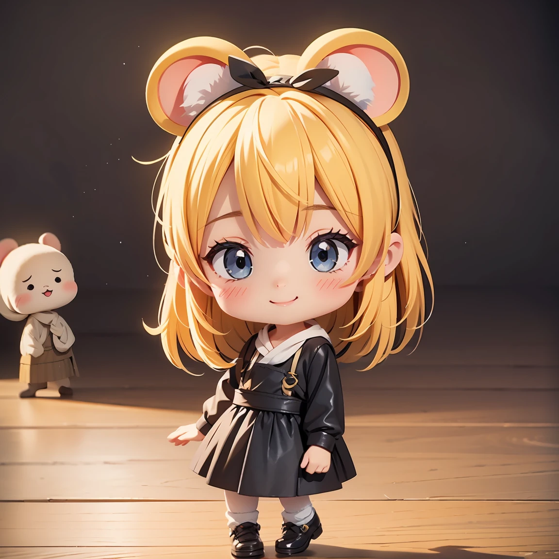 Super Chibi Character：1.8、Blonde Hair、Cute  girl、Cute Costumes、Super Chibi Character：1.8、Super Smile、Wearing a black mouse ear headband
