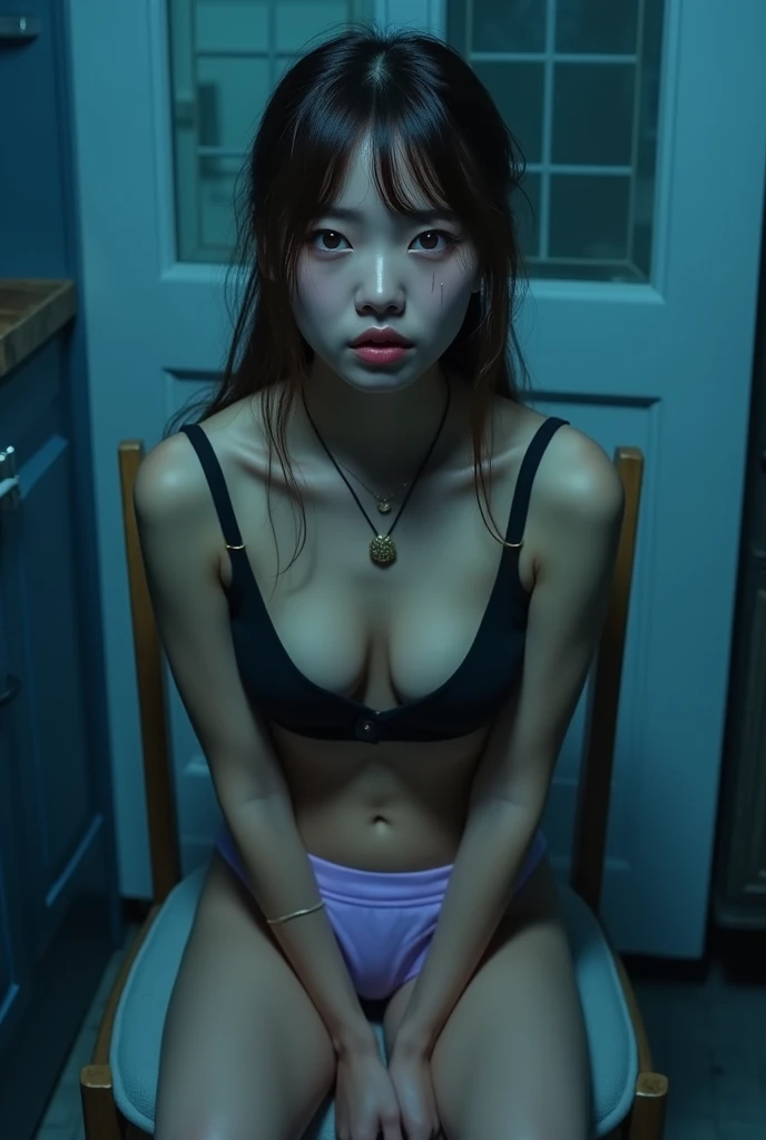 ((Highest quality, 8k, RAW Photos, masterpiece :1.3)), (Realistic、Realistic:1.37)、Very detailed、Ultra-high resolution, (Professional Lighting,((Full body photo)),alone, 1 female, alone, (1), Japanese, Beautiful and elaborate face, Shining Eyes, Brown eyes,Small breasts、 Small breasts:1.3,(Nogizaka-style beautiful girl) , Fine and beautiful skin, Skin Texture, Blue Kitchen, in night, sitting, in chair, (light violet panty, Brown long Hair),Remember, tied up wrist together behind her back, black bra, tape gagged, scared, teary-eyed, necklace
girl,alone
