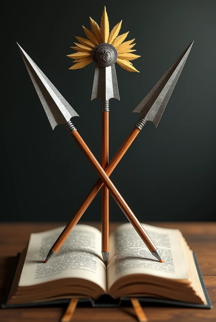 Two spears with pencil tips crossed with a book in the middle and a headdress