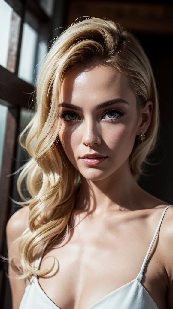 (Highest quality, 8k, masterpiece, Very detailed),3 woman,Blonde curly hair,Beautifully detailed face, Big eyelashes,A small smile,jewelry,((((White soft dress)))),Photo Studio Scenario