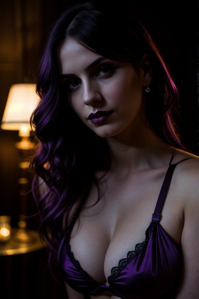 a sexy gothic girl with realistic purple hair and purple eyes, big breasts, realistic sexy pose, in a realistic gothic Hotel, detailed facial features, 4k, high quality, photorealistic, studio lighting, extremely detailed, hyper realistic, dark moody lighting, dramatic shadows, cinematic composition, beautiful, elegant, intricate details, chiaroscuro, dramatic lighting, rich colors, dramatic, moody, atmospheric, haunting, captivating, immersive, compelling, striking, powerful, visceral in the bed dark light