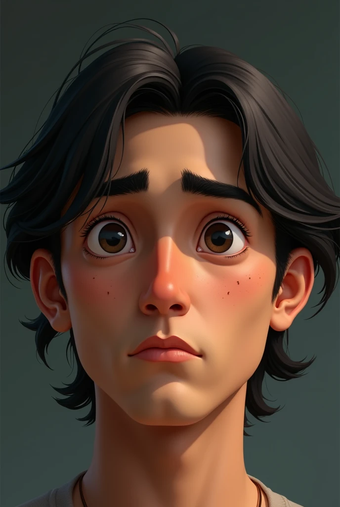 The Latin American man has a young and slightly oval face., with subtly marked cheekbones that give balance to her expression. Her skin is light-toned and shows some acne marks on both cheeks., which are visible but not exaggerated, giving a natural and realistic look to your skin. His jaw is not marked and his chin is not marked either. .His eyes are a dark brown color, a little torn and with a slightly almond shape. The character's gaze is serious and introspective, framed by straight eyebrows, Medium thickness, and well defined. The eyebrows are thick and placed in a way that enhances the intensity of her eyes., giving him a thoughtful expression. The nose is straight and thick , and a slightly rounded tip, harmonizing well with the rest of your facial features. The lips are a little thick and well defined., with a slight natural curvature that gives it a neutral expression, neither smiling nor frowning. The upper lip is slightly thinner than the lower lip.. The hair is completely straight, of a dark black color, and long length. It falls naturally on the forehead, lightly covering the eyebrows, and extends to just above the ears on the sides. The hair has a fine texture and a natural shine., and this hairstyle is like a book.