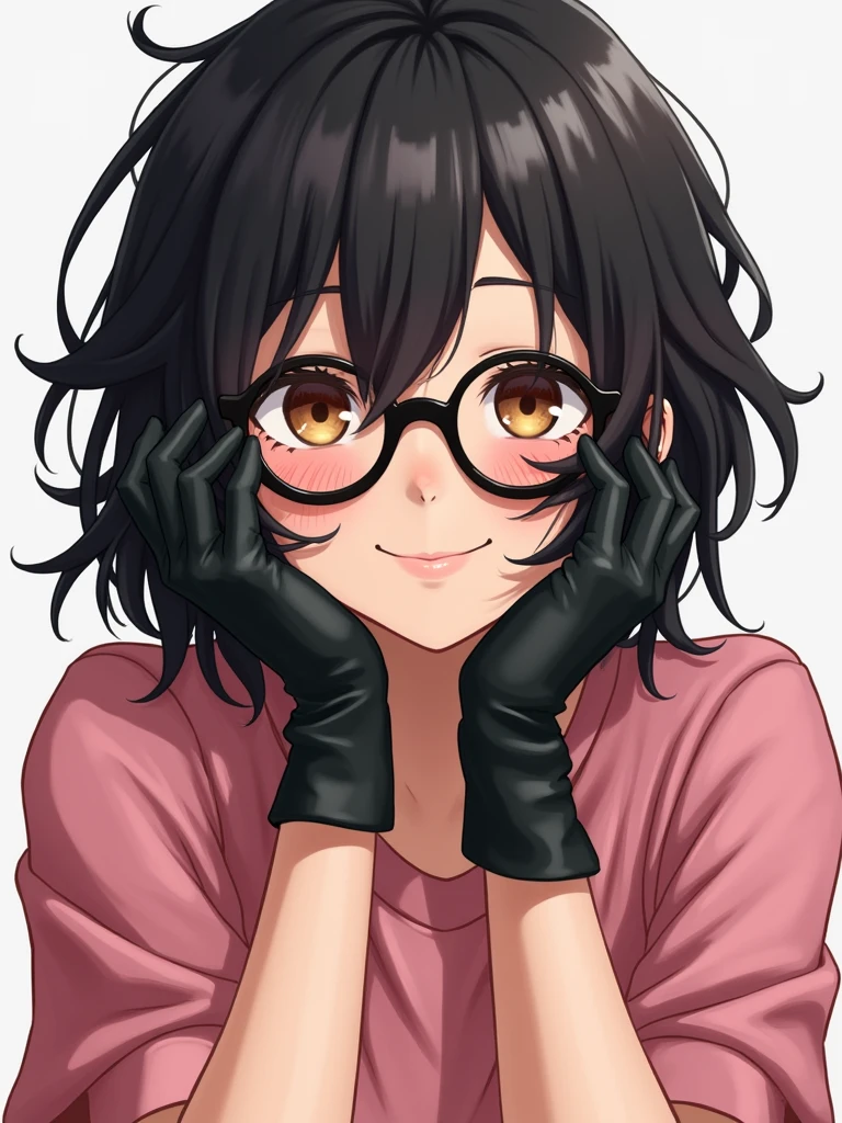 She has messy black hair，Wearing black glasses, Brown eyes，Wearing a pink T-shirt，Wearing black gloves，Mouth with a smile