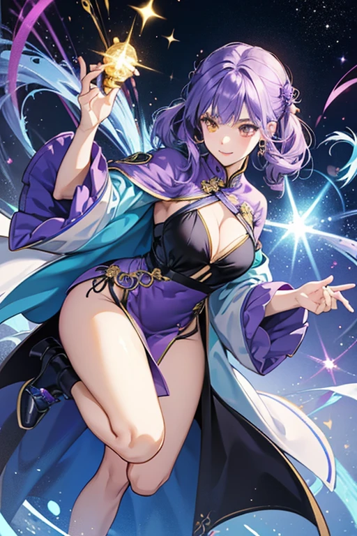 She has violet hair and golden yellow eyes.
She wears a light blue mage coat, purple qipao dress, and black shoes.
Her swimwear is a light blue or purple bikini. SPARKLE; GLITTER