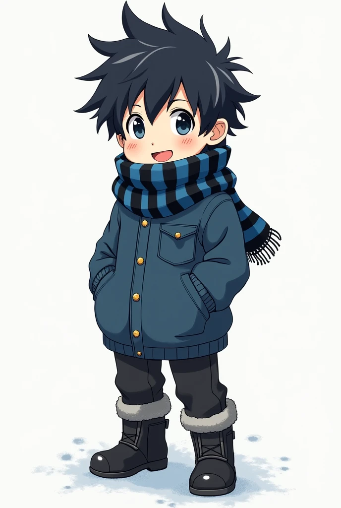 A boy, has messy black hair, dark blue eyes, white skin tone, blue and black striped scarf, black pants, men&#39;s black winter boots, dark blue cold weather blouse with pocket, He is 1, 1 meter 70 tall and is always smiling., drawing style of the Manga Jujutsu Kaisen by author Gege Akutami.
