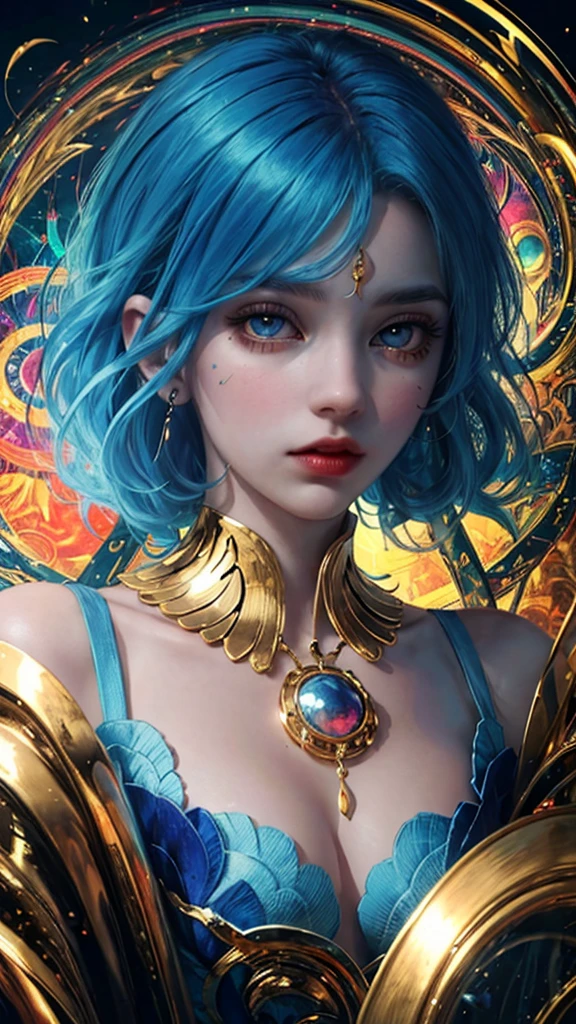 1girl, blue hair, (golden eyes), visionary art style, psychedelic trippy art, outdoors, vibrant color, masterpiece 8k wallpaper, art photography, UHD