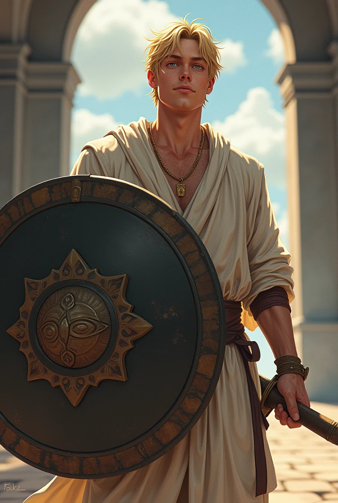 masterpiece, best quality:1.2), masterpiece, high quality, beautiful graphics, high detail, ultra detailed, cinematic lighting, HDR, ilustration, Man design, anime 4k, big shield, sword, blonde hair, blue eyes, cloth white, happy, poor man, medieval era, no armor