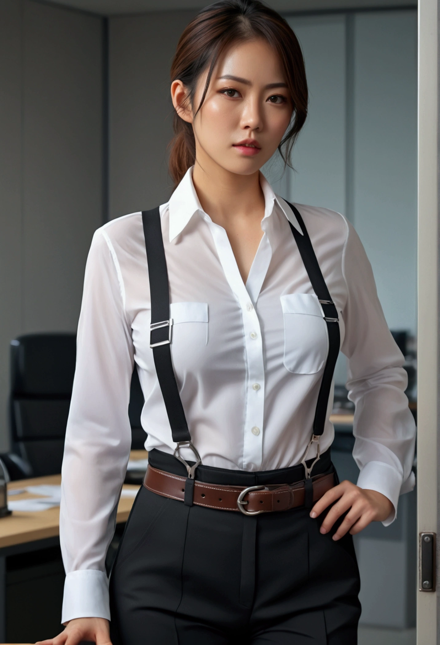 a woman in a suit, belt, hands behind back, sweating, suspenders, black pants, sexly, large breasts, see-through clothing,, detective, office worker, white button-up shirt, (best quality,4K,8k,highres,masterpiece:1.2),ultra-detailed,(realistic,photorealistic,photo-realistic:1.37),hyper-detailed,highly detailed face and body, Slender thin suspenders Moderate breasts See-through shirt Nipples holster chain Pistol Armament criminal Female criminal knife japanese profile Japanese women arrested handcuff Cable tie on thumb Constraints