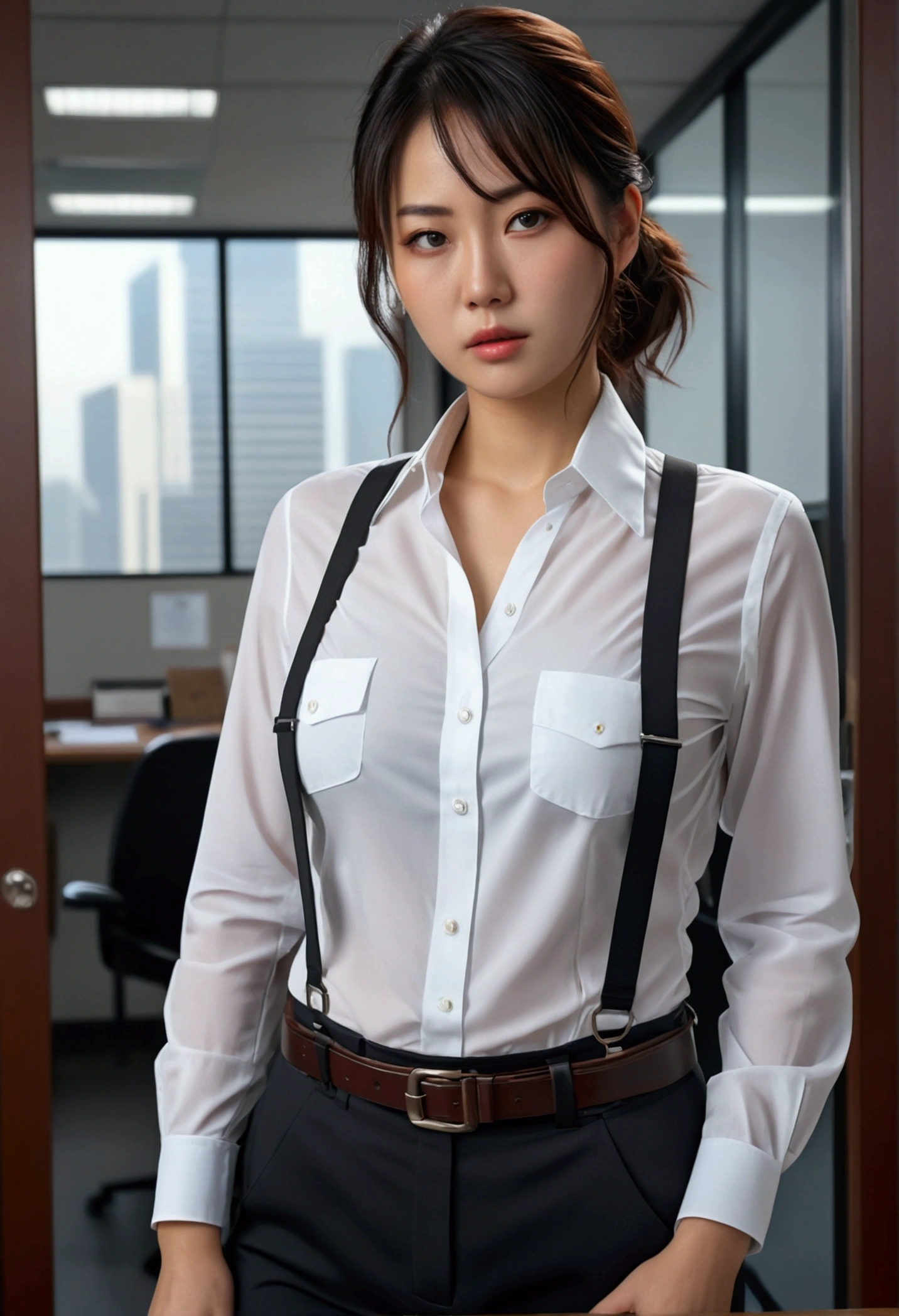 a woman in a suit, belt, hands behind back, sweating, suspenders, black pants, sexly, large breasts, see-through clothing,, detective, office worker, white button-up shirt, (best quality,4K,8k,highres,masterpiece:1.2),ultra-detailed,(realistic,photorealistic,photo-realistic:1.37),hyper-detailed,highly detailed face and body, Slender thin suspenders Moderate breasts See-through shirt Nipples holster chain Pistol Armament criminal Female criminal knife japanese profile Japanese women arrested handcuff Cable tie on thumb Constraints