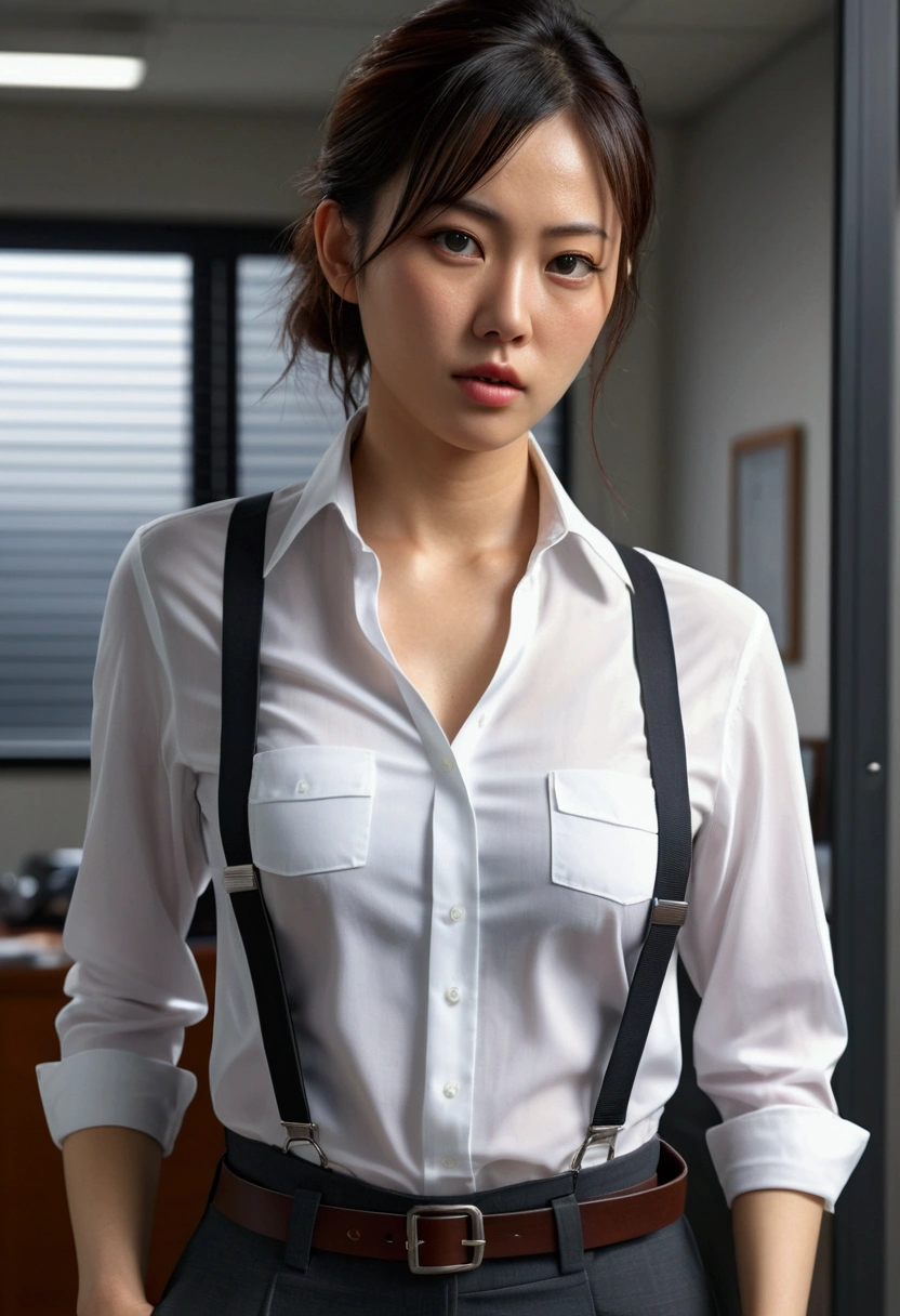 a woman in a suit, belt, hands behind back, sweating, suspenders, black pants, sexly, large breasts, see-through clothing,, detective, office worker, white button-up shirt, (best quality,4K,8k,highres,masterpiece:1.2),ultra-detailed,(realistic,photorealistic,photo-realistic:1.37),hyper-detailed,highly detailed face and body, Slender thin suspenders Moderate breasts See-through shirt Nipples holster chain Pistol Armament criminal Female criminal knife japanese profile Japanese women arrested handcuff Cable tie on thumb Constraints