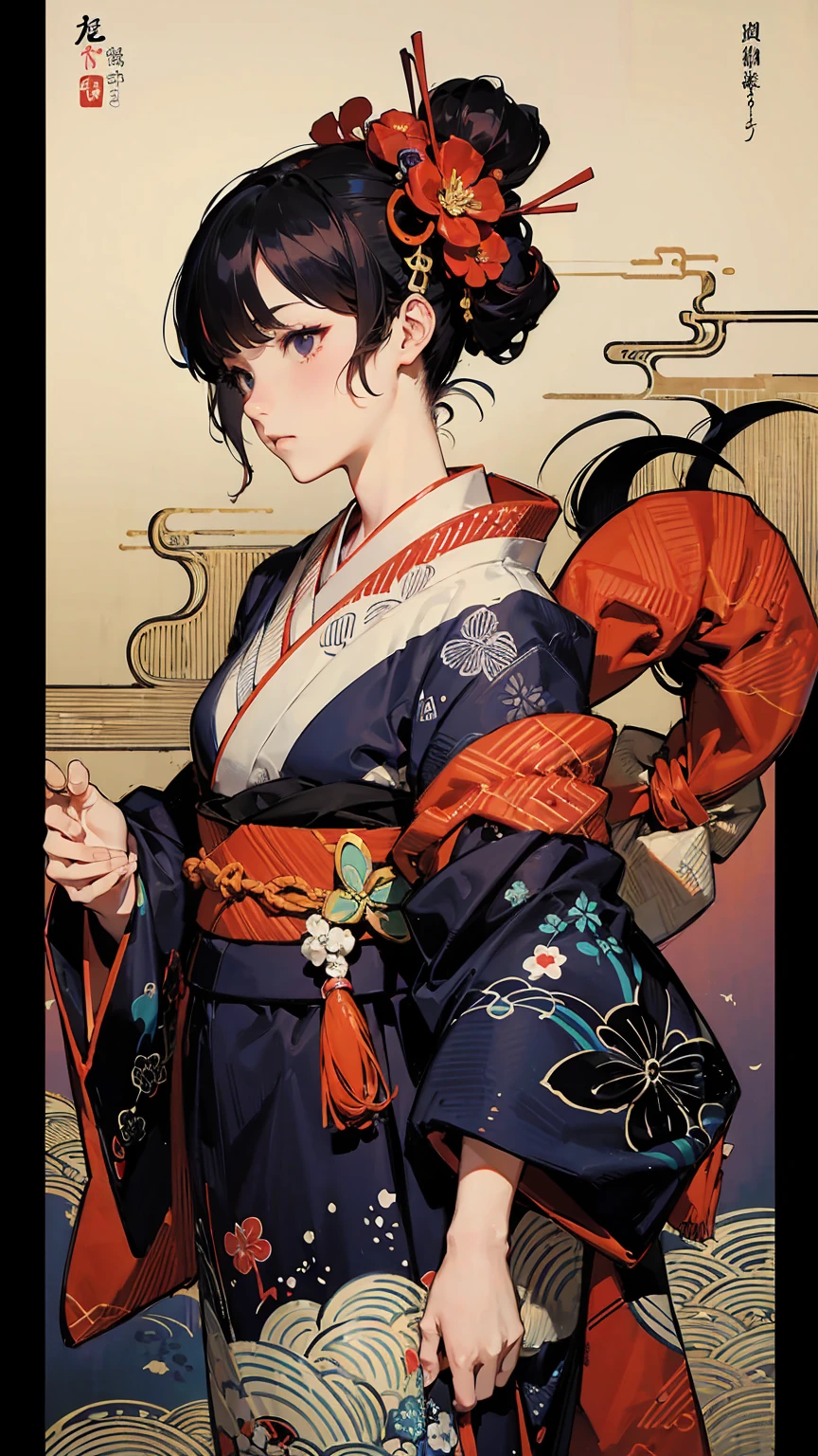 Japanese traditional clothing, Katsushika Hokusai Style, (cyber punk) (neon), Ukiyo-e