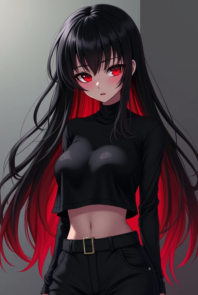 anime girl, with black hair and red highlights, without bangs her hair is long, His eyes are large and deep red, Her lips are black and her eyeliner is also black.. She is wearing a black crop top and black baggy pants and a light blush on her cheeks and the tip of her nose.