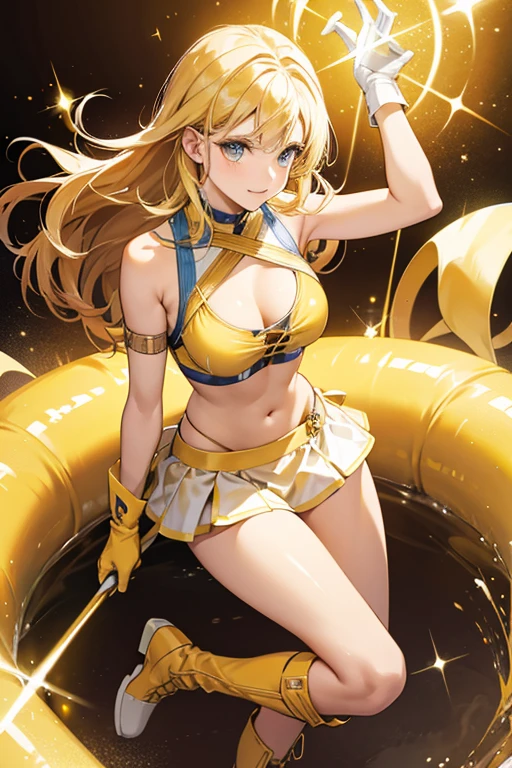 She wears a yellow chest plate, four golden yellow rings on both on her arm (two of them each on her arm), white gloves, brown skirt, brown socks, and golden yellow warrior boots. She also has D cup .
For her casual clothes, she wears a yellow sleeveless shirt with a white holy cross on the front and white shorts with yellow lines on the bottom.
Alex's swimwear is a yellow and white bikini. SPARKLE; GLITTER
