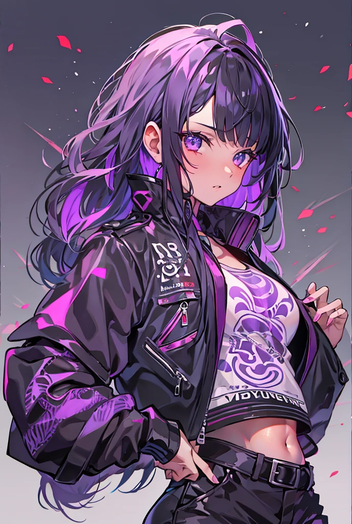 1woman, black hair with pink tips,kitsune ears, purple eyes, wearing white jacket, black top, jeans, tattoo on arms, colorful tattoos, showing body, sexy pose