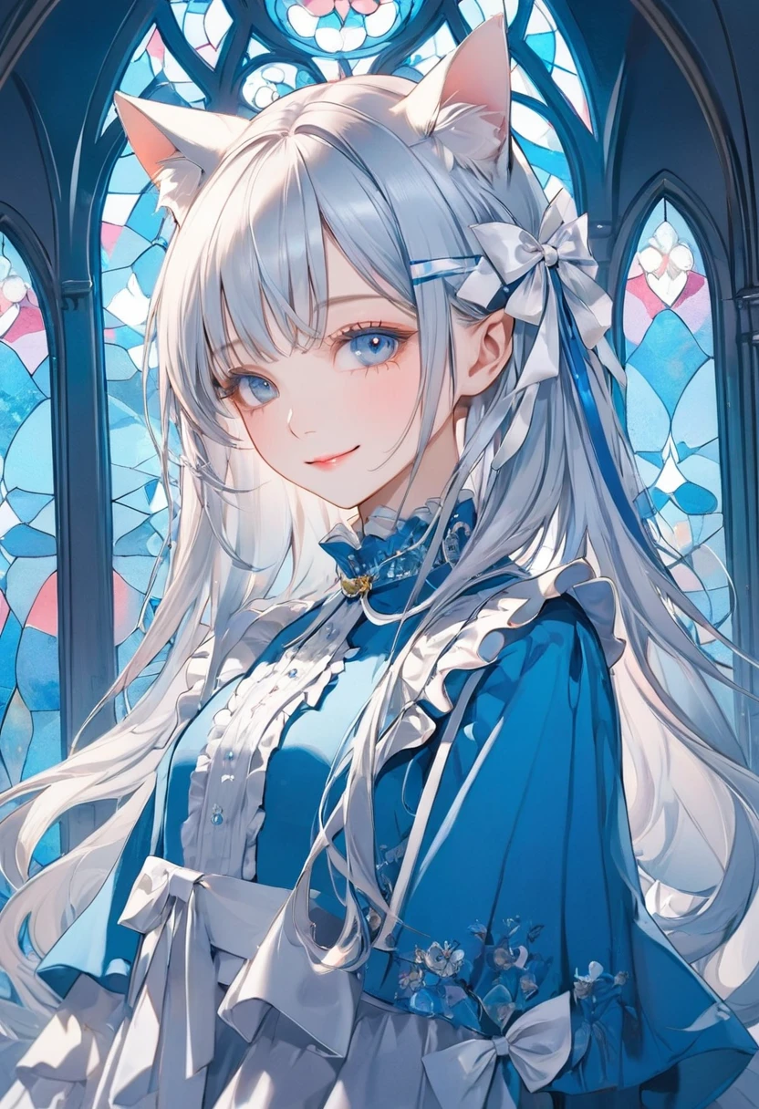 (Pastel color theme art),(Highest quality),(masterpiece),(1 girl),(alone),Delicately painted face,Girl with a beautiful face,Beautiful and exquisite blue eyes,Cat ears with white ribbon decoration,Beautifully detailed blue ruffled dress fashion,((White and blue outfit)),(Beautiful silky white hair:1.3),Pale skin,Beautiful artistic illustration,Blue Theme,Beautiful smile,Front face,Wide Shot,Flat Color,Soft gradient,(Standing in front of a pastel blue stained glass wall),(Stained glass is only blue),Mysterious colors and atmosphere,