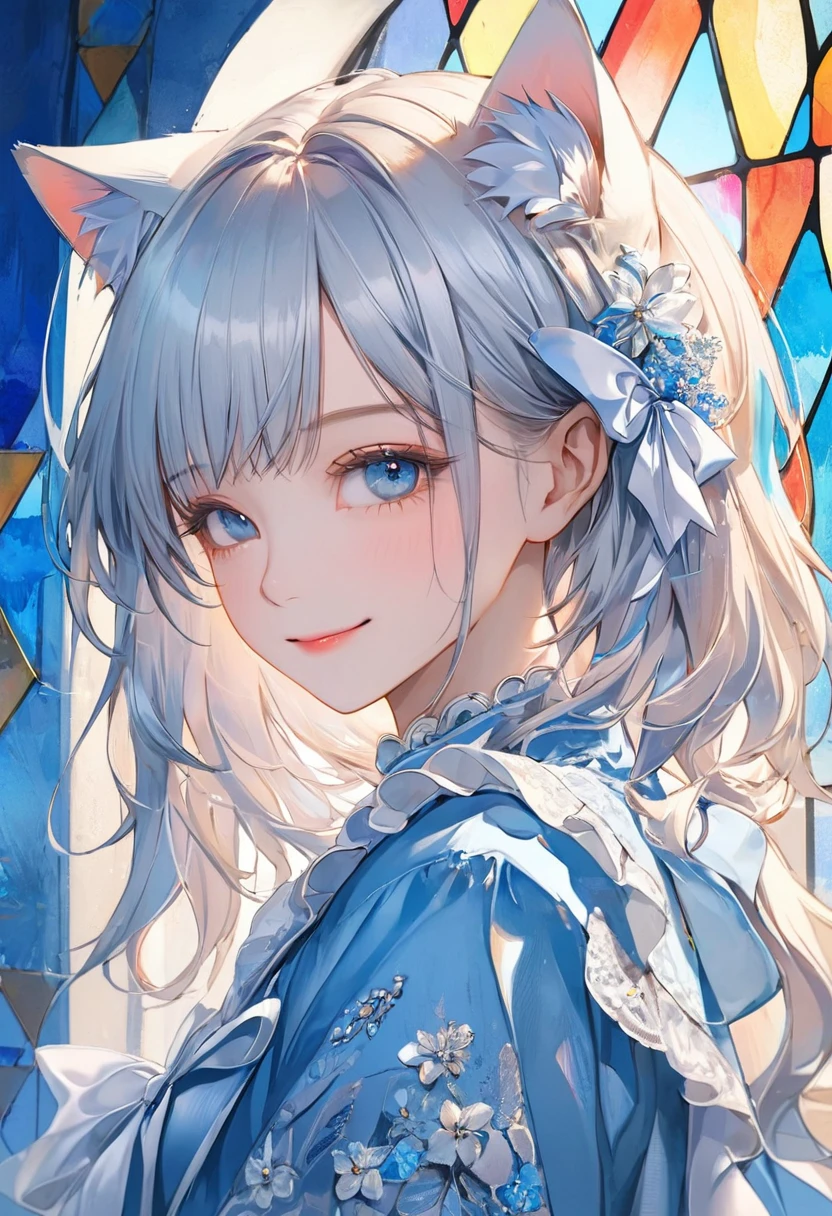 (Pastel color theme art),(Highest quality),(masterpiece),(1 girl),(alone),Delicately painted face,Girl with a beautiful face,Beautiful and exquisite blue eyes,Cat ears with white ribbon decoration,Beautifully detailed blue ruffled dress fashion,((White and blue outfit)),(Beautiful silky white hair:1.3),Pale skin,Beautiful artistic illustration,Blue Theme,Beautiful smile,Front face,Wide Shot,Flat Color,Soft gradient,(Standing in front of a pastel blue stained glass wall),(Stained glass is only blue),Mysterious colors and atmosphere,