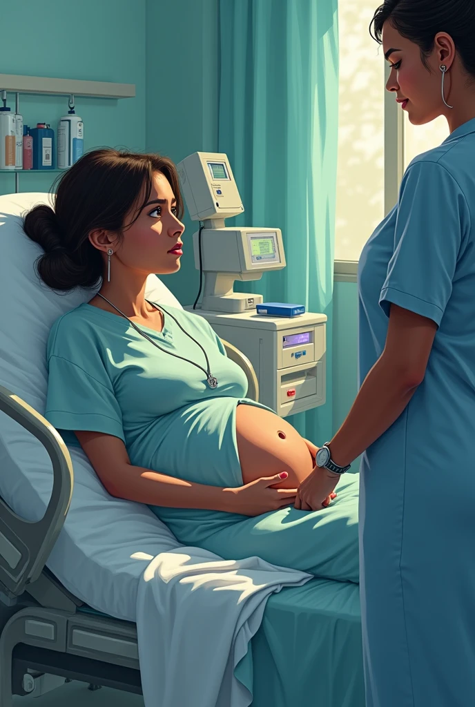 A pregnant Brazilian woman in a hospital bed, in the room there are nursing machines and some other beds, she is wearing hospital gown, is looking at the nurse with curiosity and asking questions.