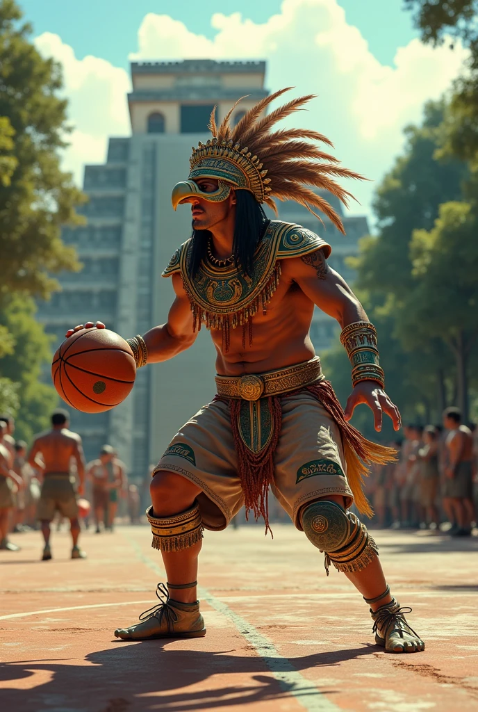 Aztec eagle warrior playing basketball