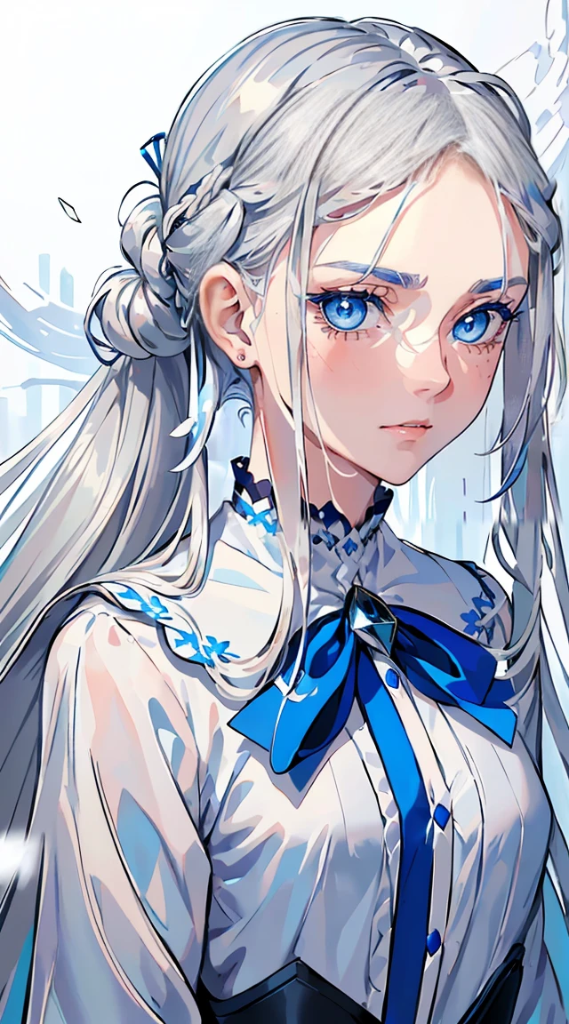 handsome girl,blue-eyes,blue pupils,Long white hair,Hyperresolution,accuracy,Detailed rendering,(Subtle facial image)(Image of fine hair)(topquality)(Masterpieces of masters)(High degree of completeness)(A sense of atmosphere)tmasterpiece,Super detailed and super detailed(half-body portrait)(((Long silver hair tied back))) (((Blue eyes)))(((Snow)))(((Calm expression)))