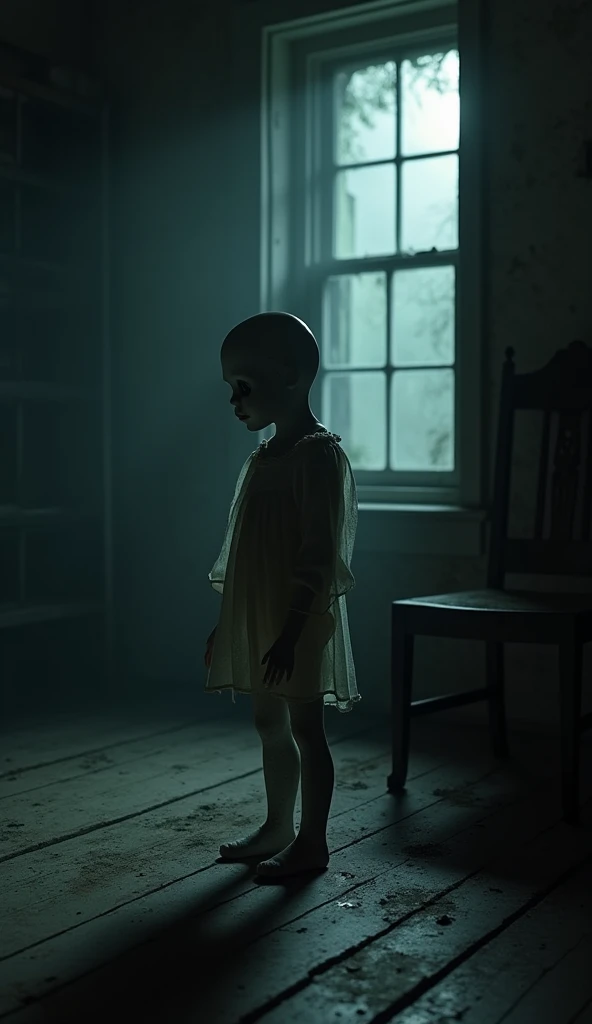 Distant scary doll in a dark room
