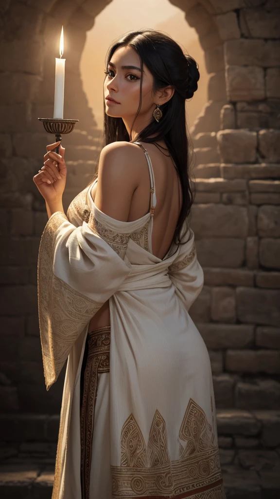 .A detailed and realistic illustration of a woman with both shoulders exposed, leaning slightly forward while holding a candle. Her facial features are distinctly Mayan, with pronounced cheekbones, almond-shaped eyes, and a strong, straight nose. Her long, dark hair flows down her back, framing her face perfectly. She wears a traditional robe with intricate patterns, but the focus is on her face, capturing the beauty and strength of Mayan heritage. The background is a warm, soft gradient that draws attention to her expressive, detailed features. The image should be a masterpiece with every detail meticulously crafted to highlight her Mayan ancestry."