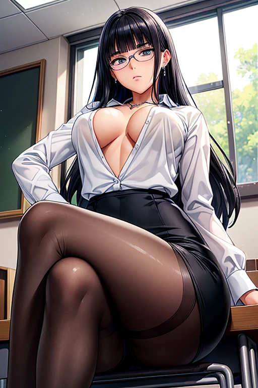 #Basics Girl posing for a photo, animeのcute少女, ((One Girl)), ((:1.5)), ((cute:1.5)), (()), 
break 

#Clothing Accessories 
((White dress shirt unbuttoned around the neck:1.2) + (shiny black pencil skirt) + (Black Pantyhose) + (Glossy black high heels) + (Black intellectual glasses)), 
((Blue gemstone earrings)), (Silver Necklace), 
break 

#Features 
((Black Hair:1.2)), ((blunt bangs:1.2)), ((Straight Long Hair) : Straight hair), 
((Big eyes:1.4)), ((blue eyes)), 
(Small breasts:1.2), 
(White skin), 
break 

#background environment 
((noon, A brightly lit school classroom, blue sky)), 
#Facial Expression Pose 
((Glaring expression) + (Disgust) + (A condescending expression:1.2)), ((Confident、Powerful、Intimidating and condescending、Sitting at a desk with legs crossed)), 
#composition 
((Angle from below:1.2)), ((Cowboy Shot)), 
break 

#Body parts elements 
(Slim figure), 
(Symmetrical facial features), 
(Detailed Hair, Beautiful Hair, Shiny Hair), 
(double eyelid, Long eyelashes, Thin eyebrows:0.5), 
(Detailed eyes), (Beautiful Eyes), (Sparkling eyes), Glitter Eyeliner, 
(Human Ear), 
(Beautiful Nose, Thin Nose), 
(Glossy Lips, Beautiful Lips, Thick lips), 
(Detailed skin, Textured skin, Beautiful Skin, Oily skin), 
break 

#quality  
(((最高quality)), ((masterpiece:1.3)), ((Very detailed))), ((Ultra-high resolution)), ((16K)), ((1080P)), ((Full HD)), 
((Anatomically correct)), ((Realistic)), (3DCG), ((oil)), 
((comics, anime)), (CG illustration), (RAW Photos), 
