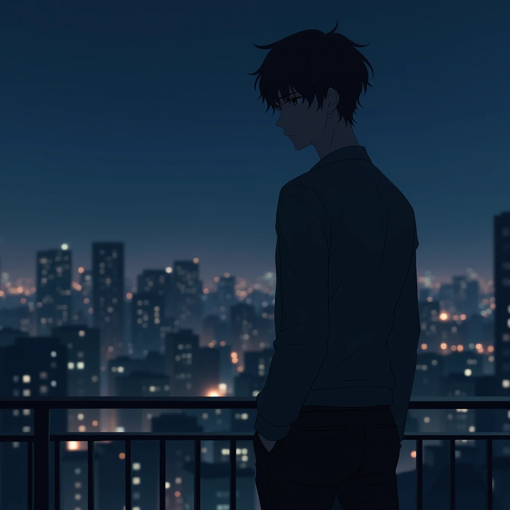 a man in thinking of a woman, sad, night, pokerface, city, terrace, standing, anime, side view