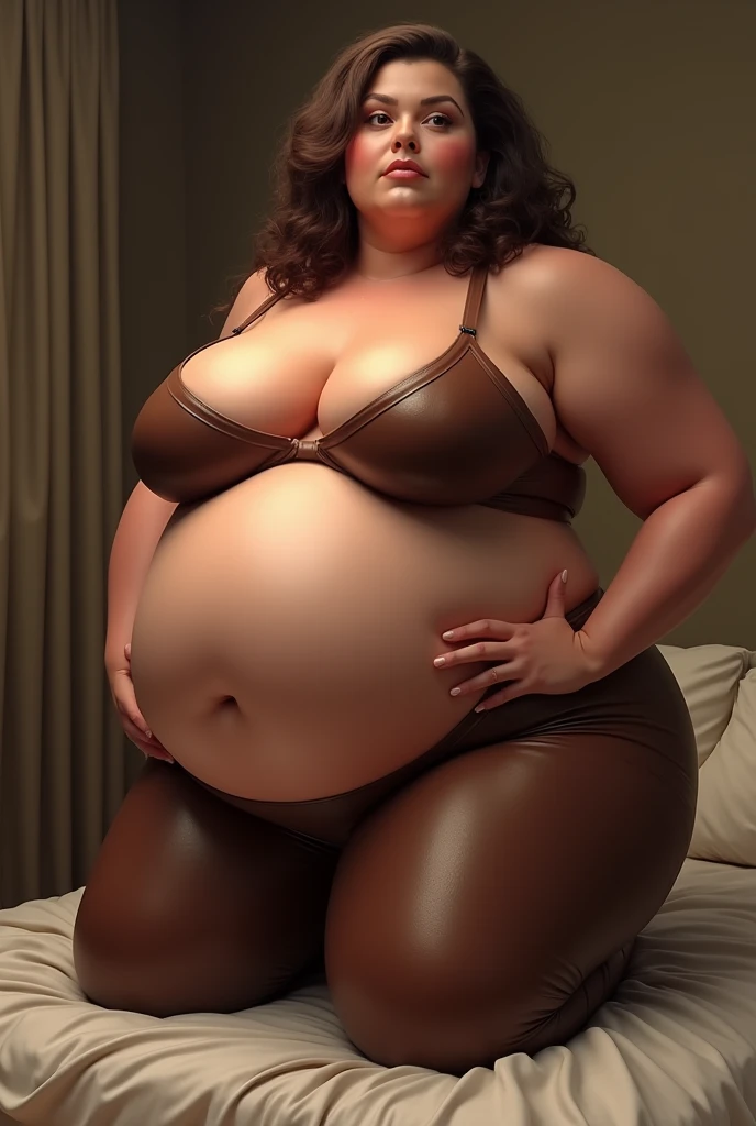 Bbw Big belly, huge ass, huge tits, in Brown leggings, on the bed, Tits much bigger than a watermelon