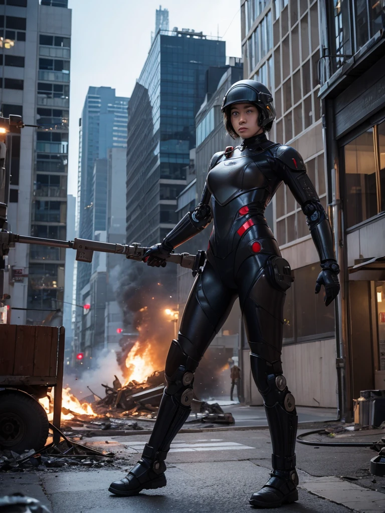 Female soldier in a robot suit fighting in a city completely destroyed by war