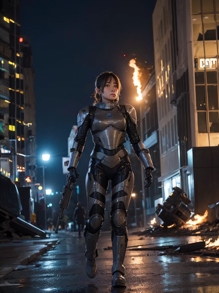 Female soldier in a robot suit fighting in a city completely destroyed by war