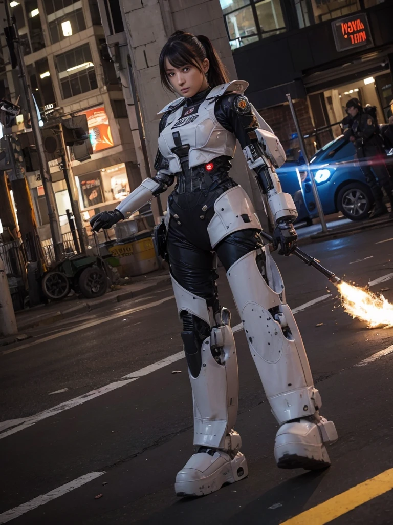 Female soldier in a robot suit fighting in a city completely destroyed by war