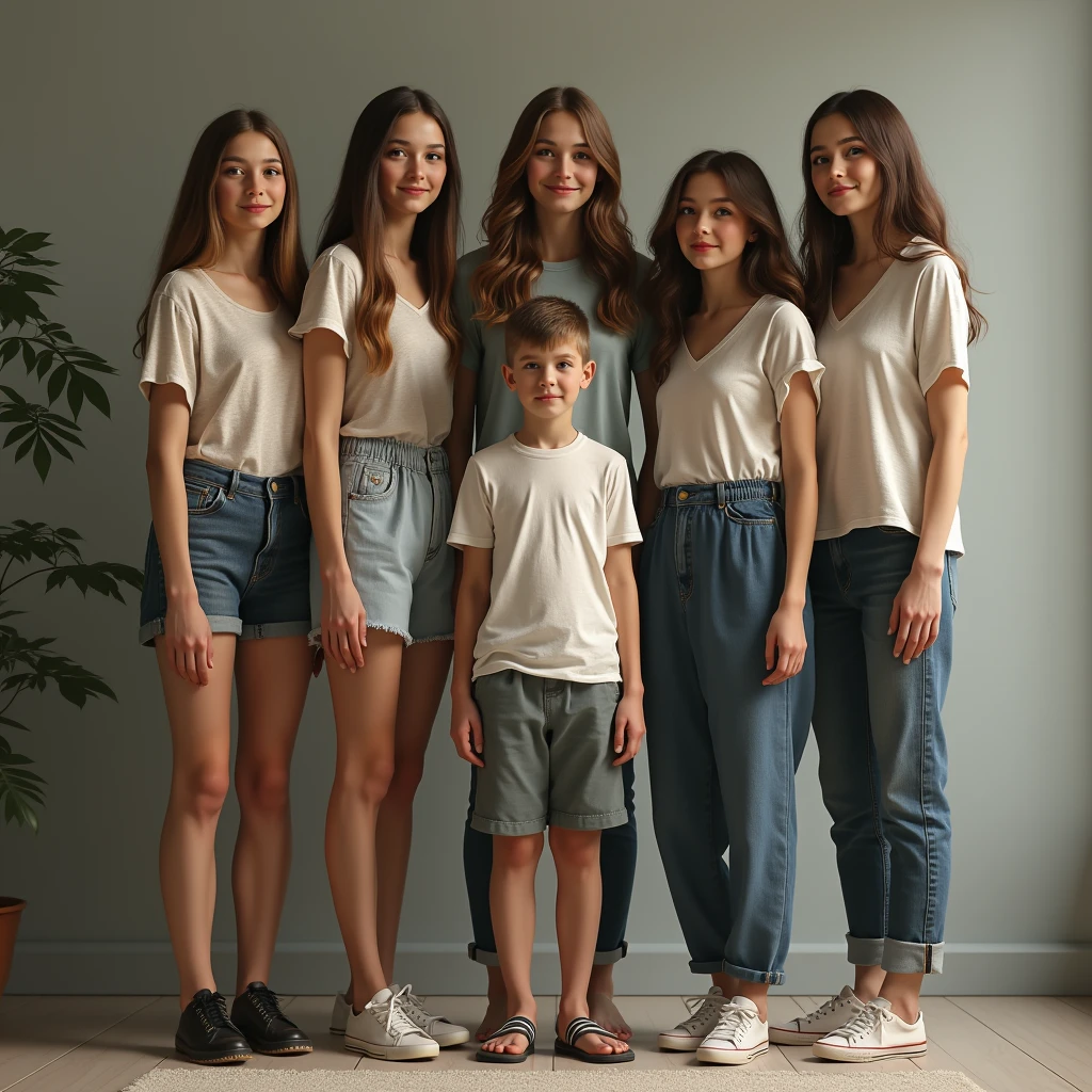 A realistic scene featuring a short young man standing in the center, surrounded by his six much taller sisters. Three of the sisters are positioned closely on his left, and the other three stand on his right. The sisters are significantly taller than their brother, towering over him with a noticeable height difference. The sisters vary slightly in height and appearance but are all strikingly tall compared to their brother. The setting is neutral, either indoors or outdoors, with the focus on the stark contrast in height between the brother and his towering sisters.