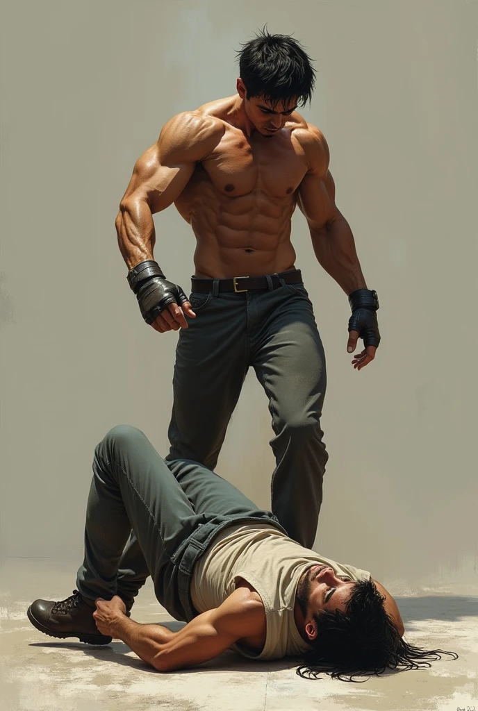 hot young guy is trampling the face of a lying guy on floor