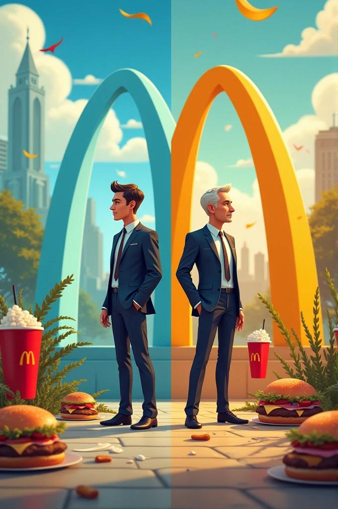 Create a landscape thumbnail of a businessman at the beginning of his career on one side. On the other side, the same businessman, but already having success in his career.. Put burgers and fries and the McDonald&#39;s logo 